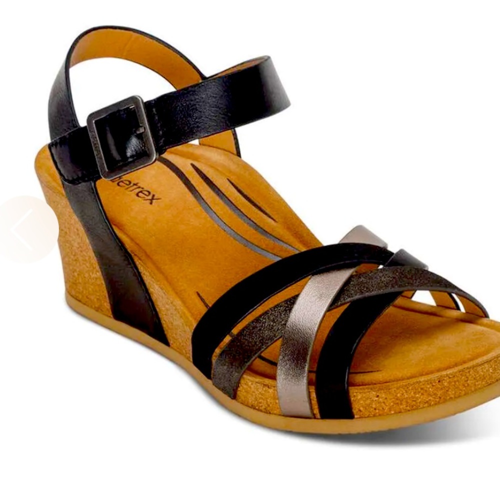 Aetrex Women's Black and Tan Wedge Sandals. Noelle Black